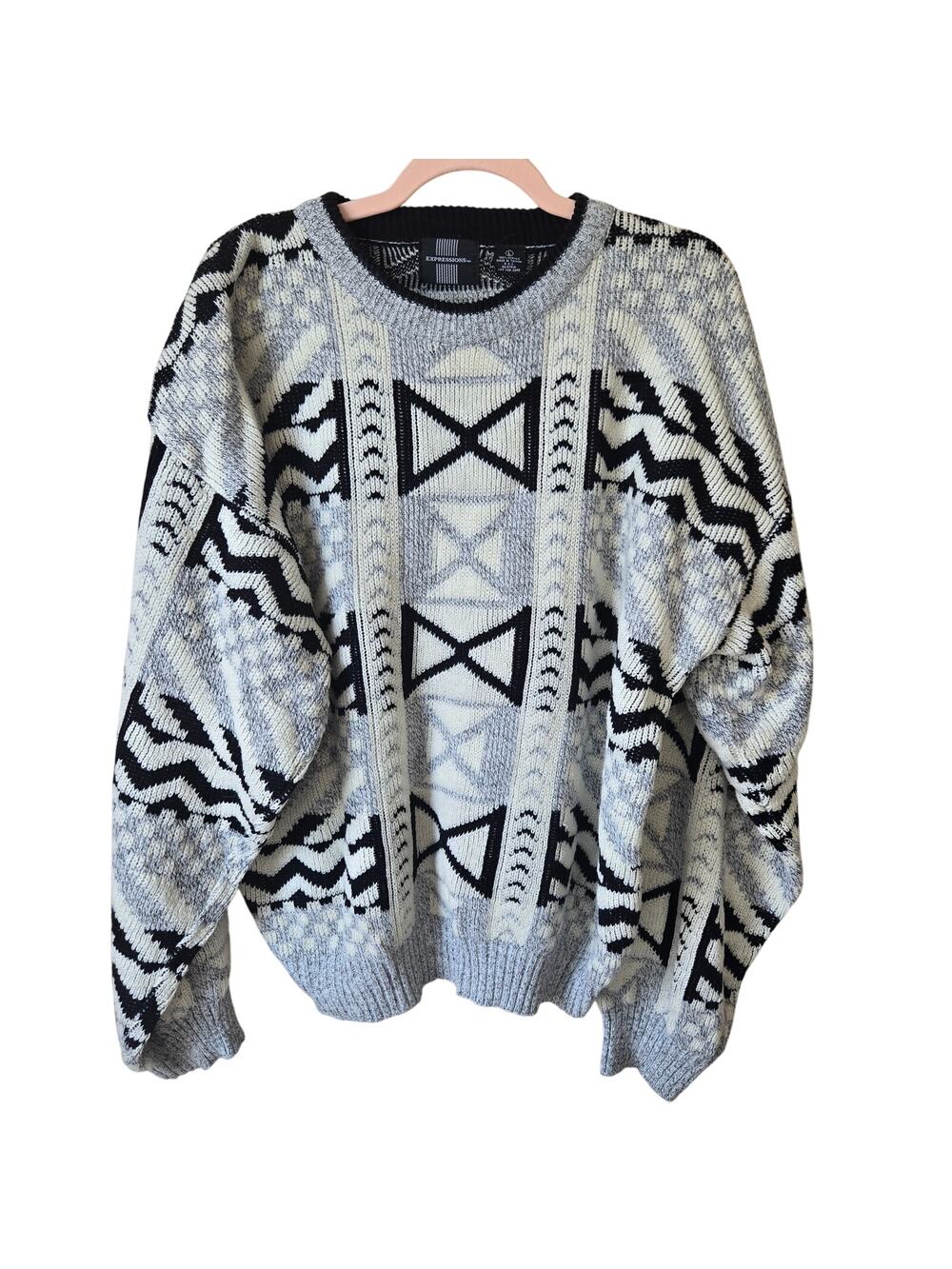 VINTAGE Men's Expressions Crew Neck Sweater Large Grey Geometric